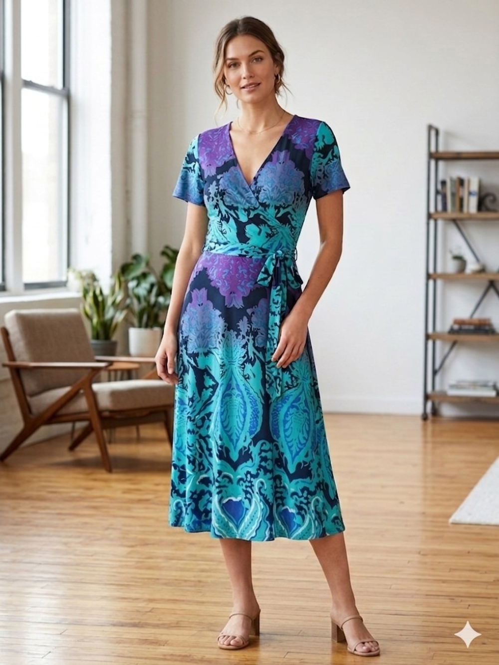 MOA USA Teal and Purple Floral Wrap Midi Dress